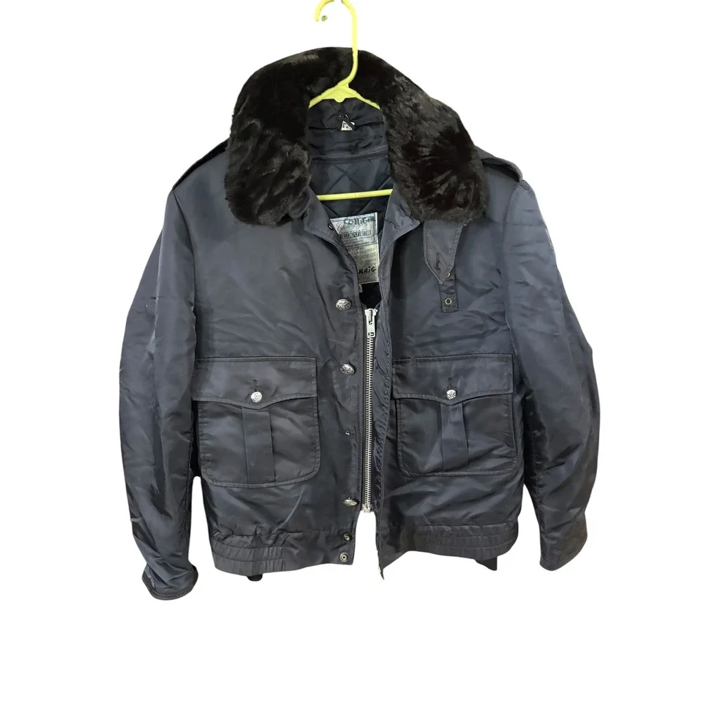 Vintage Blauer Ceiling Zero Bomber Jacket Navy Blue Faux Fur Collar Mens 42R USA